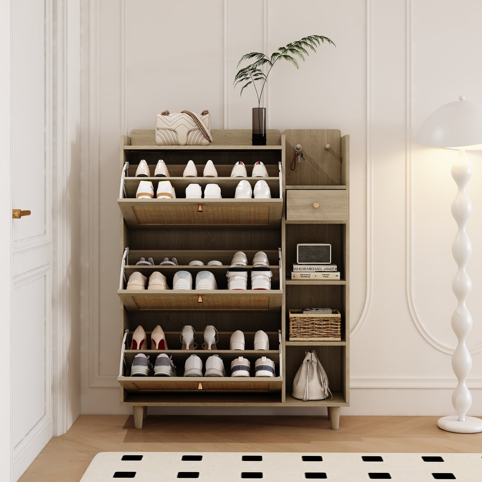 Boho Shoe Cabinet with 3 Rattan Flip Drawers & Storage, Natural