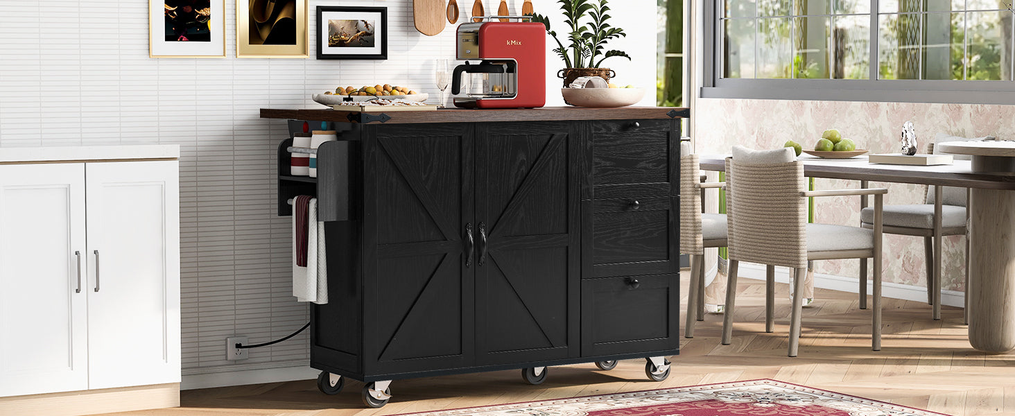 K&K 54.5" Kitchen Storage Island  with Internal Storage Rack, Drop Leaf, Spice Rack, Rolling Kitchen Cart on Wheels, Black