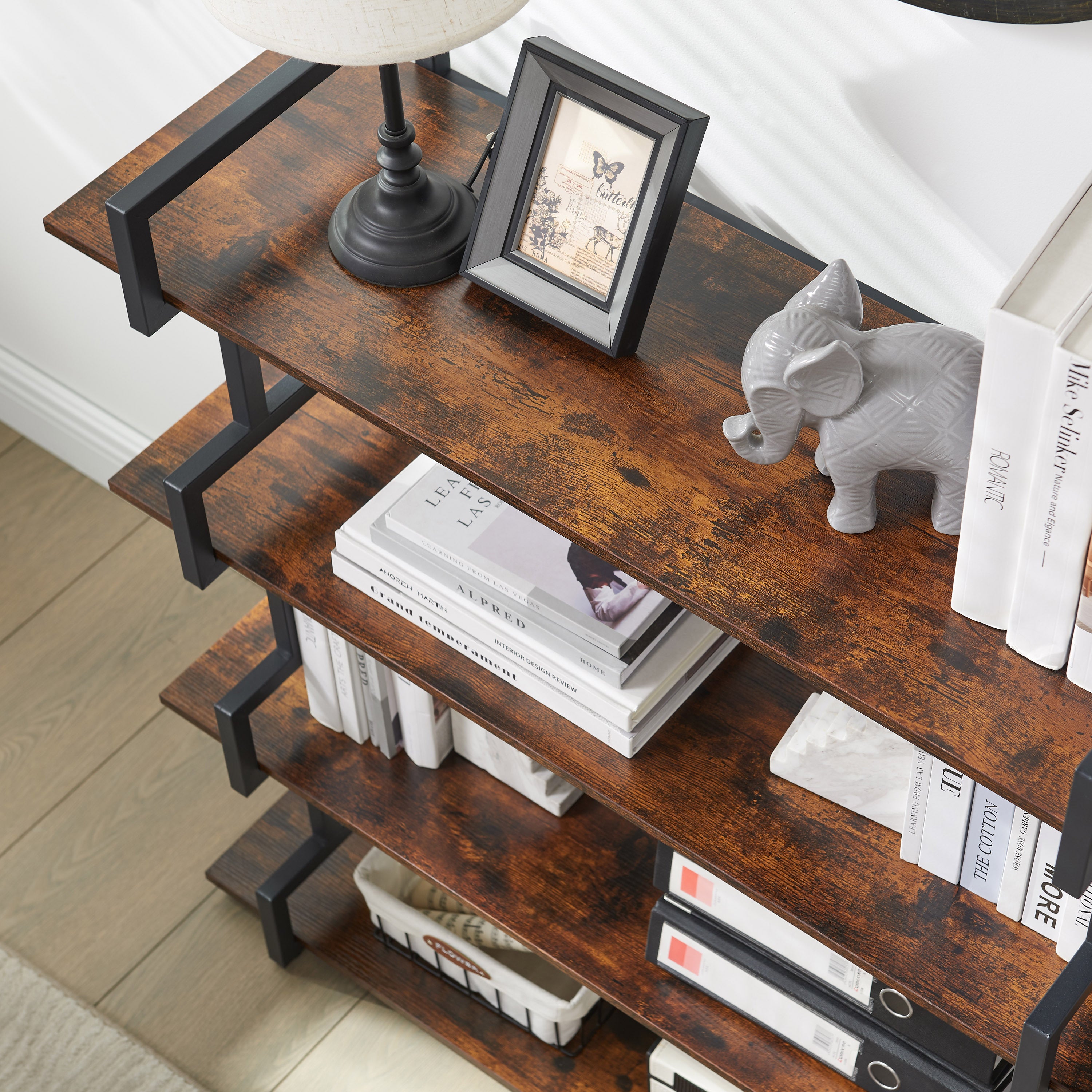 4-Tier Rustic Wood & Metal Bookshelf, Industrial Style