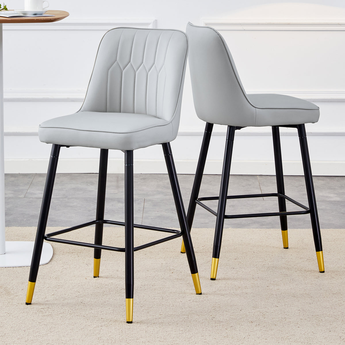 Modern Light Gray PU Bar Stool Set of 2 with Comfortable Resting Beam