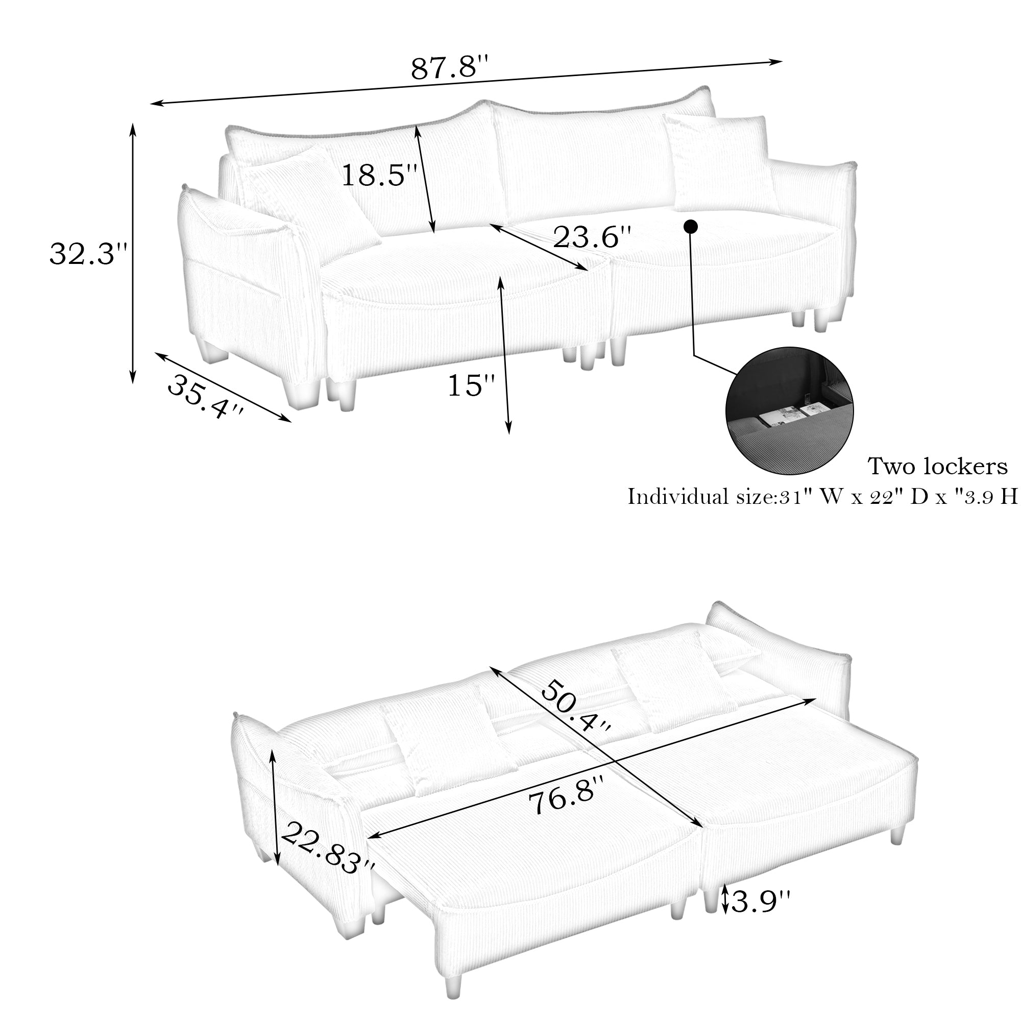 3-Seater Beige Corduroy Sofa Bed with Two Pillows - Ideal Design for Living Room