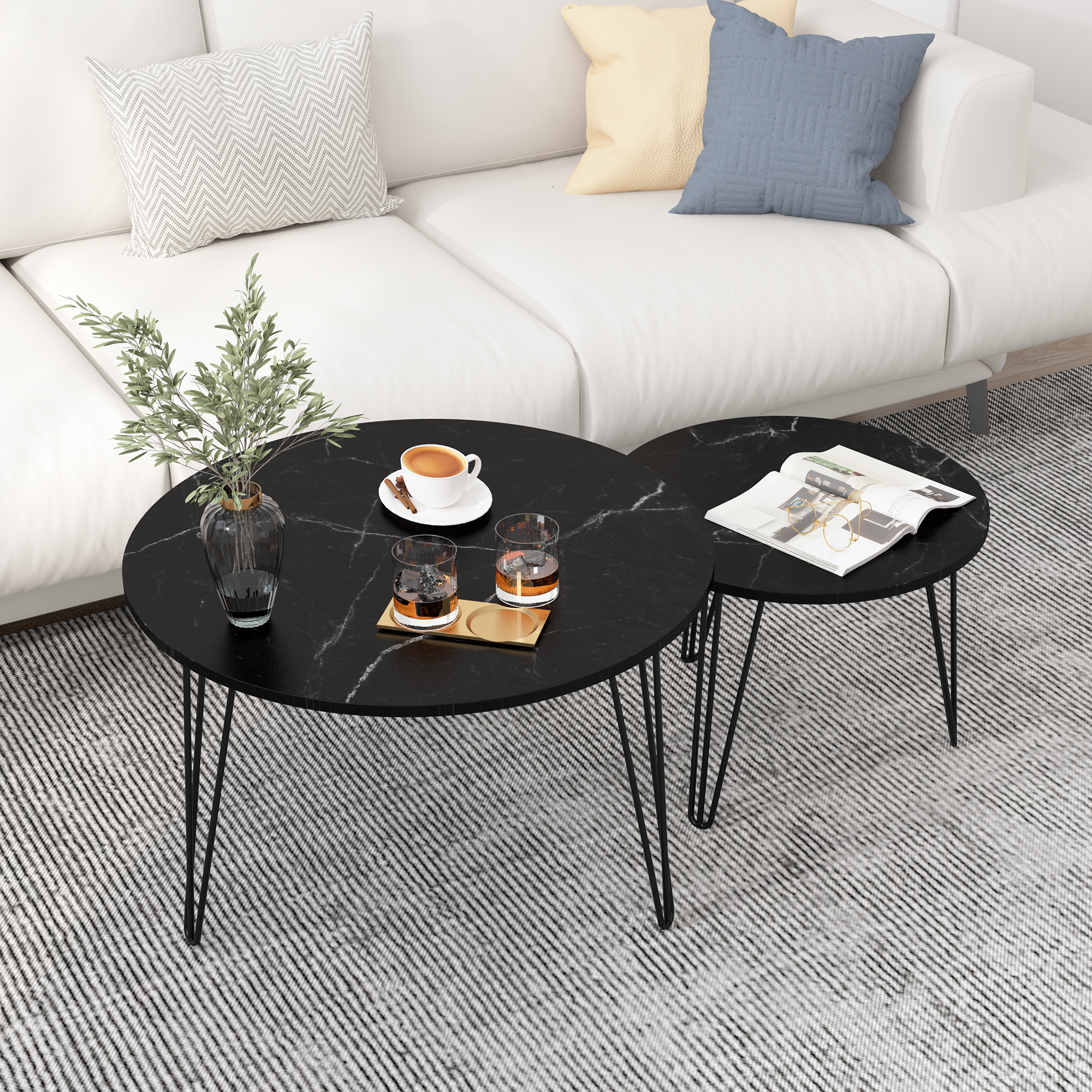 27.56'' Round Nesting Coffee Table Set of 2, Circular Nesting End Table Set, Round Marble Tabletop, and Sturdy Metal Base for Living Room, bedroom, Black