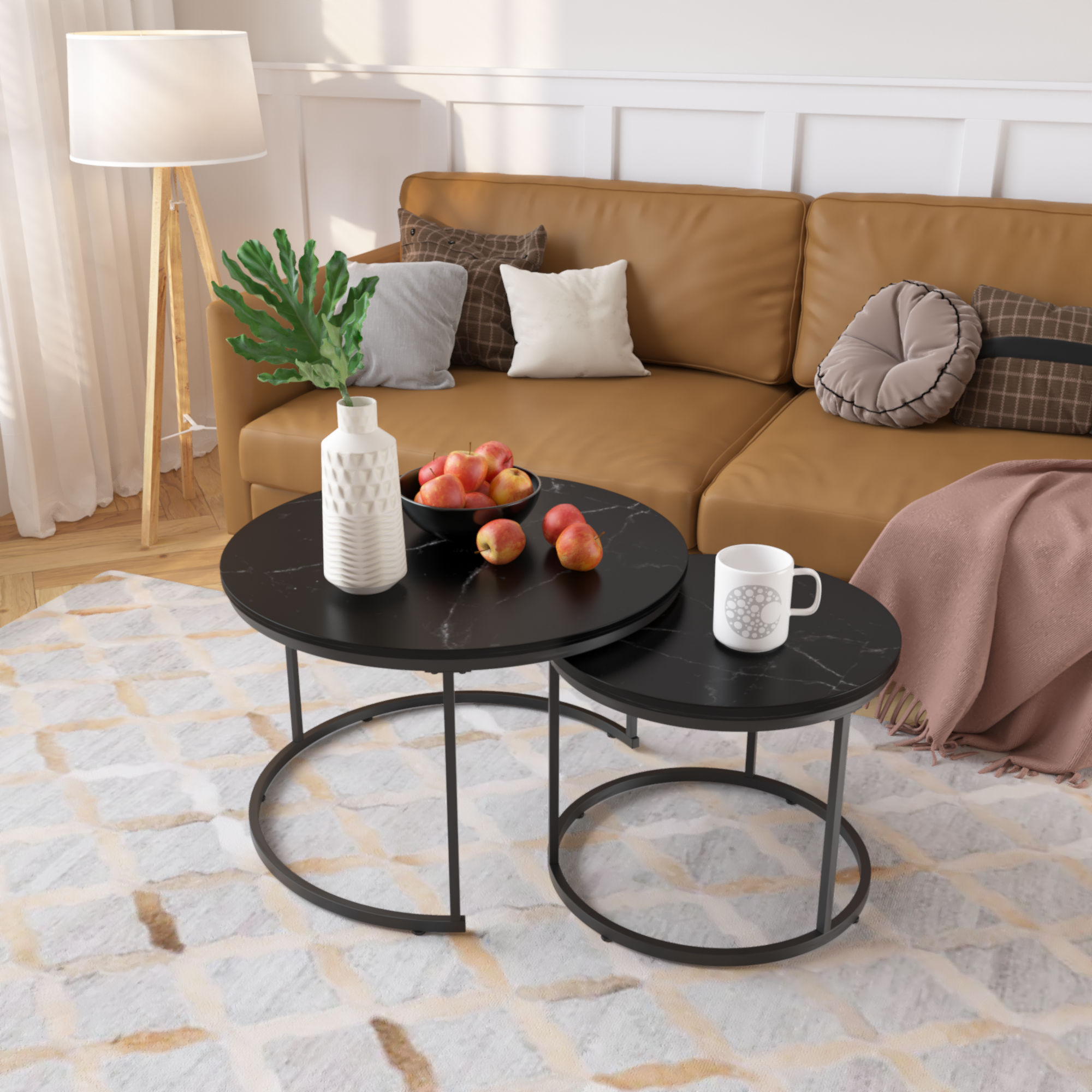 Nesting Coffee Table Set of 2, 27.6inch Round Coffee Table Wood Marble Pattern Top with Sturdy Metal Frame, End Table Side Tables for Living Room Bedroom Balcony Yard (Black)