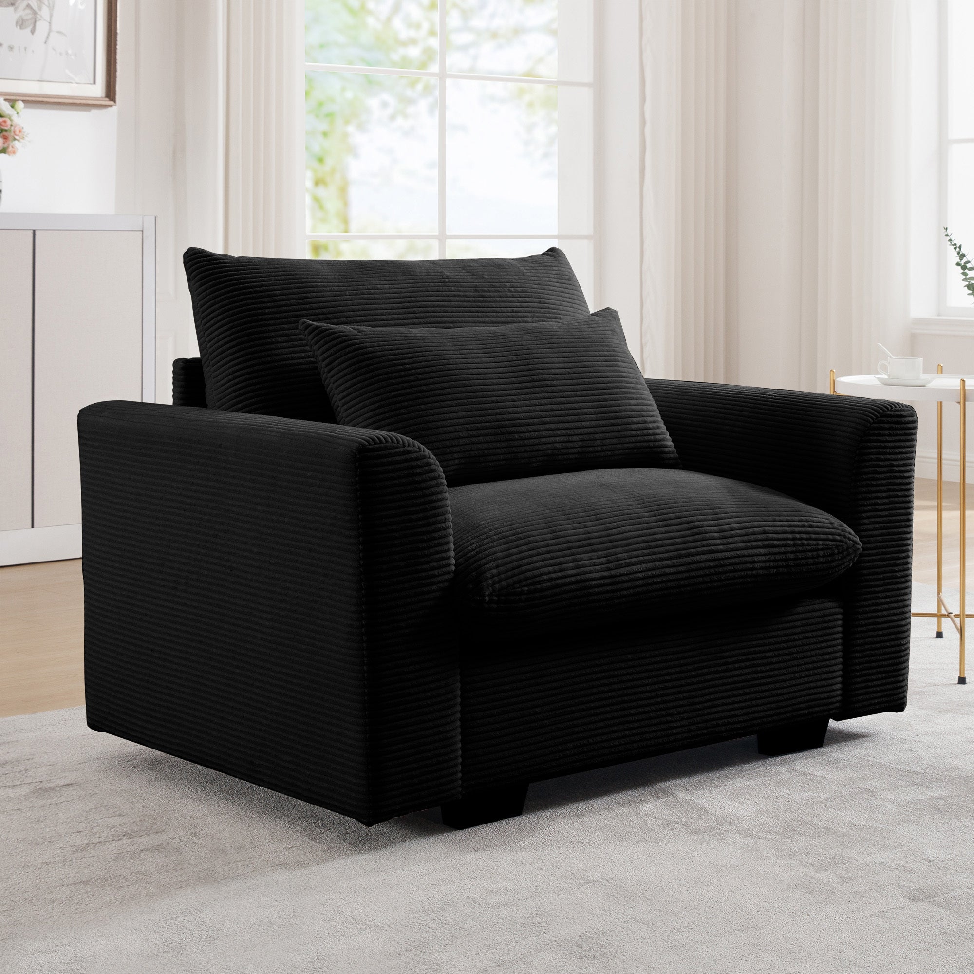 Black Corduroy Deep Seat Single Sofa Accent Chair,Deep Seat Couch with Waist Pillow for Living Room/Apartment/Office