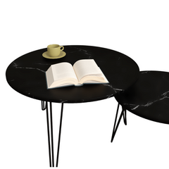 27.56'' Round Nesting Coffee Table Set of 2, Circular Nesting End Table Set, Round Marble Tabletop, and Sturdy Metal Base for Living Room, bedroom, Black