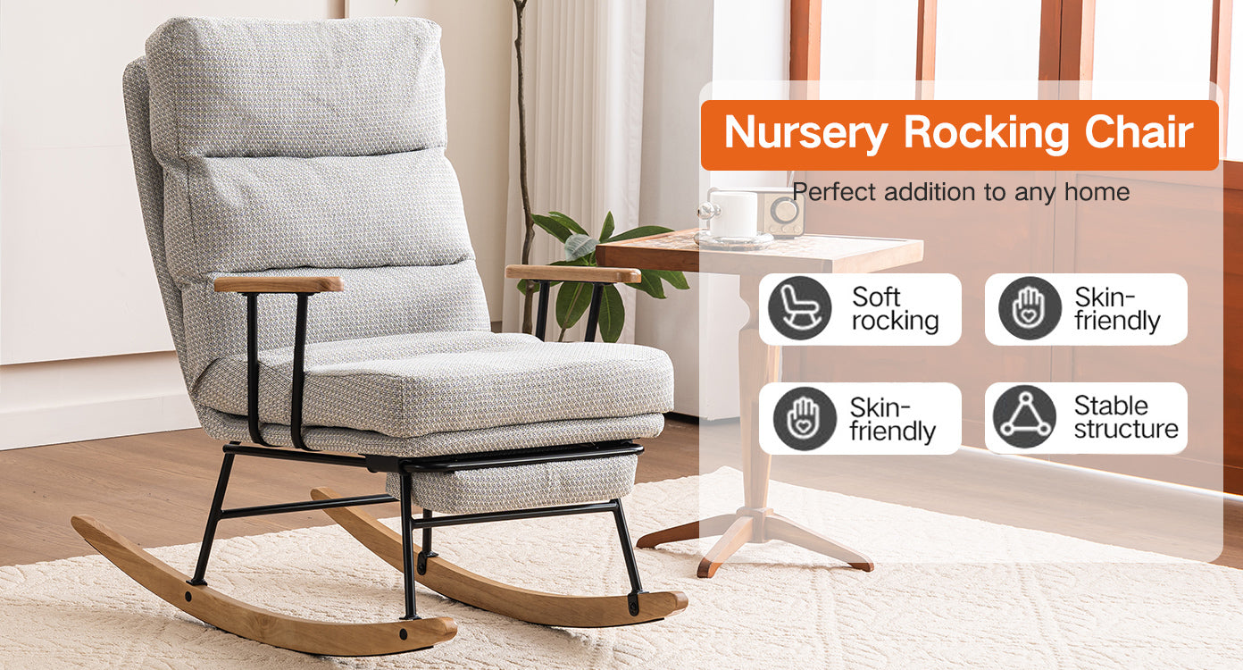 Modern Ice velvet fabric Gliding Rocking Chair with High Back, Retractable Footrest, and Adjustable Back Angle for Nursery, Living Room, and Bedroom