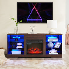 Electric Fireplace TV Stand with Glass Shelves, LED Lights, USB Charging Outlet, Fits TVs up to 62", Dark Brown