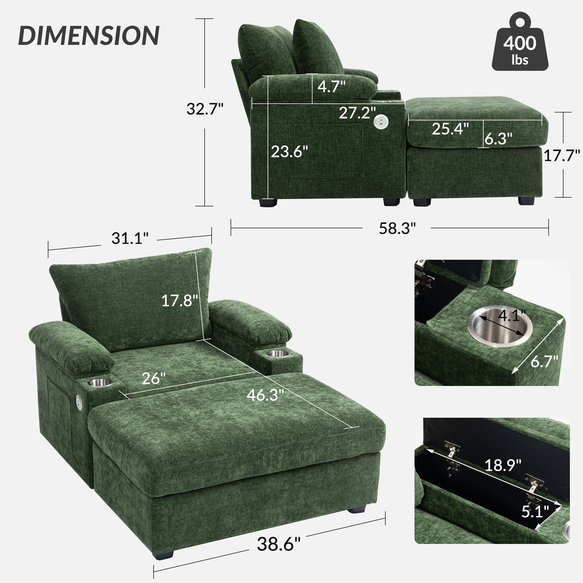 Modern Oversized Chair with Ottoman,Chenille Fabric Sofa Bed,Accent Chair Comfy Sofa with Cupholders and USB Charging Ports Chair for Living Room,Bedroom,Apartment