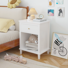 26.77''H Wooden Nightstand with One Drawer One Shelf for Kids, Adults, White