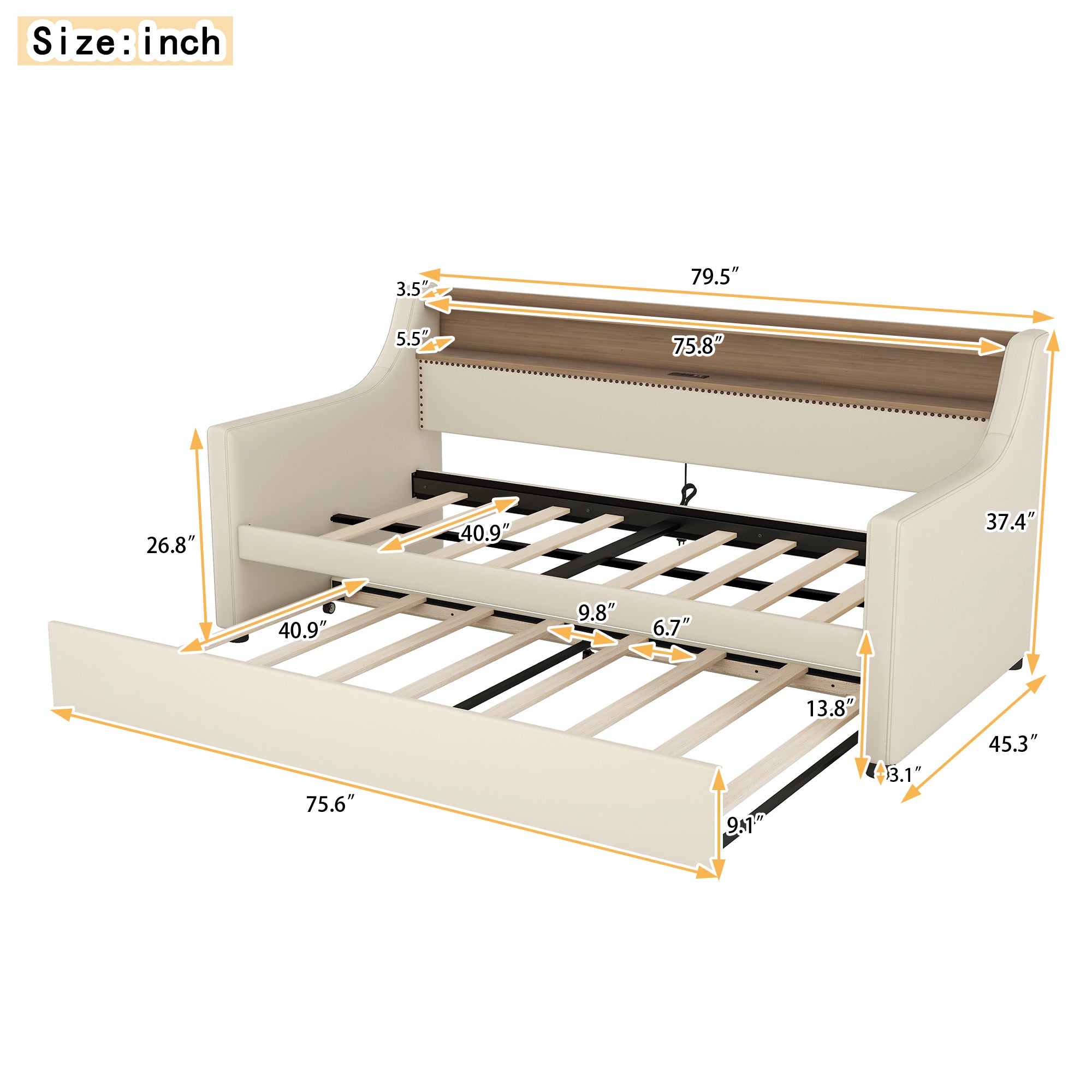 Twin Size Daybed with Trundle, Upholstered Sofa Bed with Charging Station and LED Lights, Beige