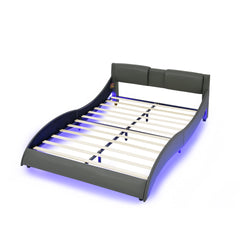 Queen Led Bed Frame Modern Faux Leather Upholstered Platform Bed Frame with RGB LED Lights and Headboard Wave Like Curve Low Profile Bed Frame,Wood Slats Support,Easy Assembly, Grey