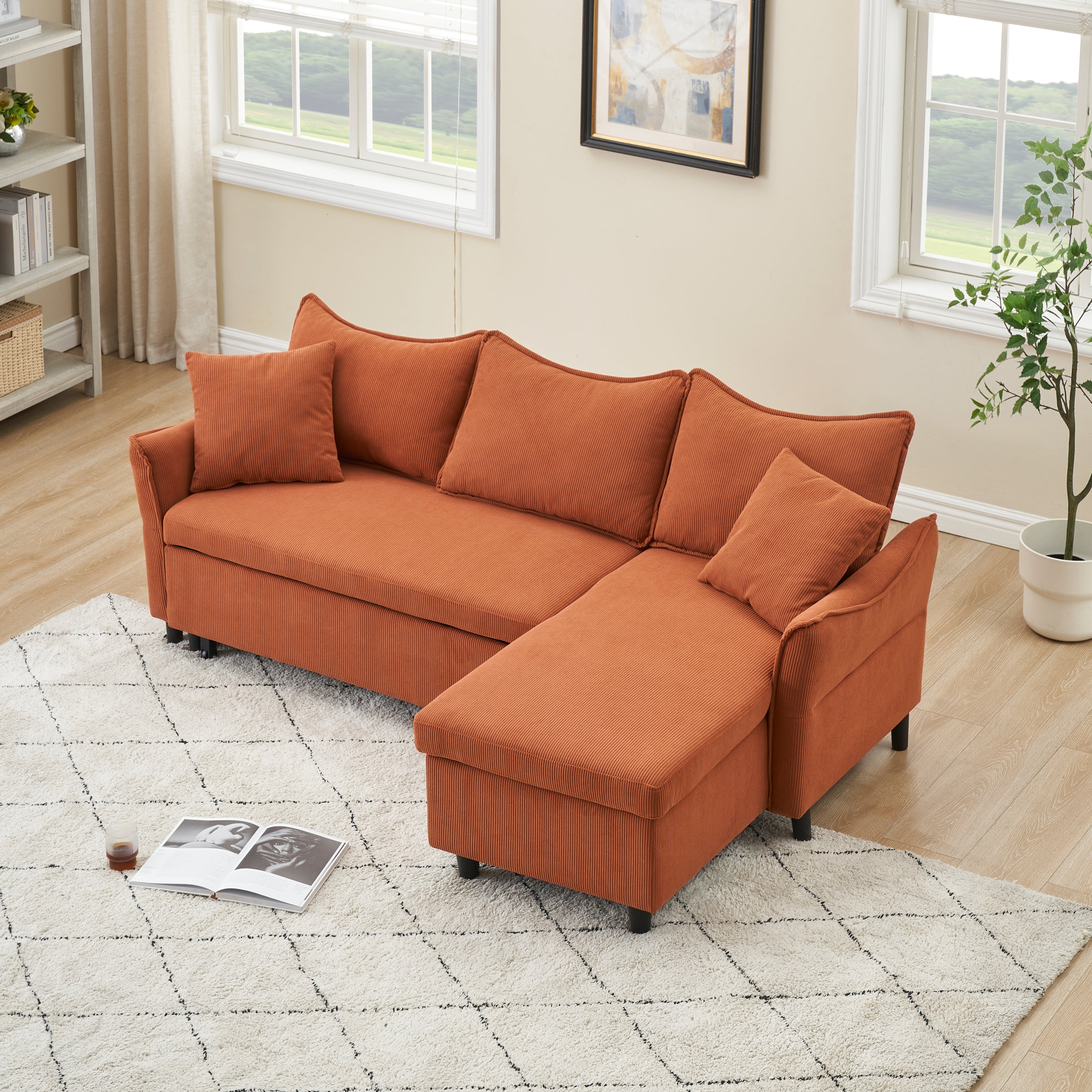 80" Orange Corduroy 3-Seater Sofa Bed With Two Small Pillows - Pull-Out Sofa With Storage For Living Room