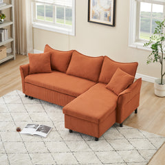 80" Orange Corduroy 3-Seater Sofa Bed With Two Small Pillows - Pull-Out Sofa With Storage For Living Room