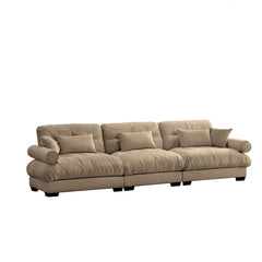 Extra-Large 3-Seater Modern Velvet Sofa, Oversized Cloud-Like Comfort with Waist and Throw Pillows, Camel