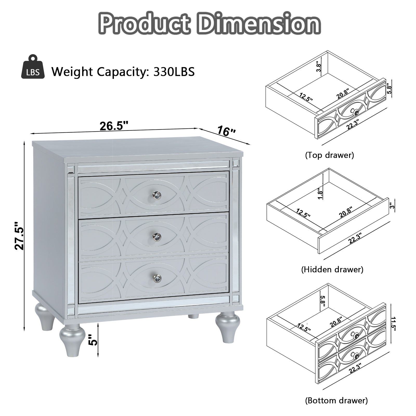 Contemporary Nightstands with mirror frame accents, Bedside Table with two drawers and one hidden drawer, End Table with Crystal Pull for Living Room,Bedroom, Silver