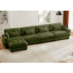 L-Shaped Convertible 4-Seater Cloud Sofa, Modern Velvet with Pillows and Bolstered Armrests,Olive green