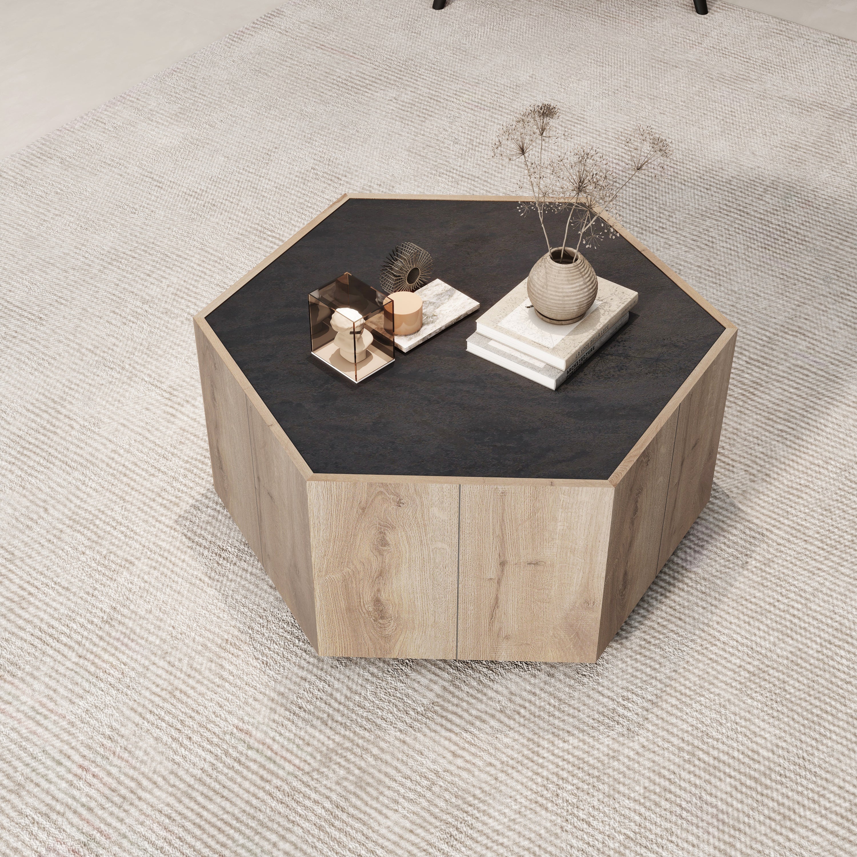 Hexagonal Rural Style Garden Retro Living Room Coffee Table with 2 drawers, Textured Black + Warm Oak