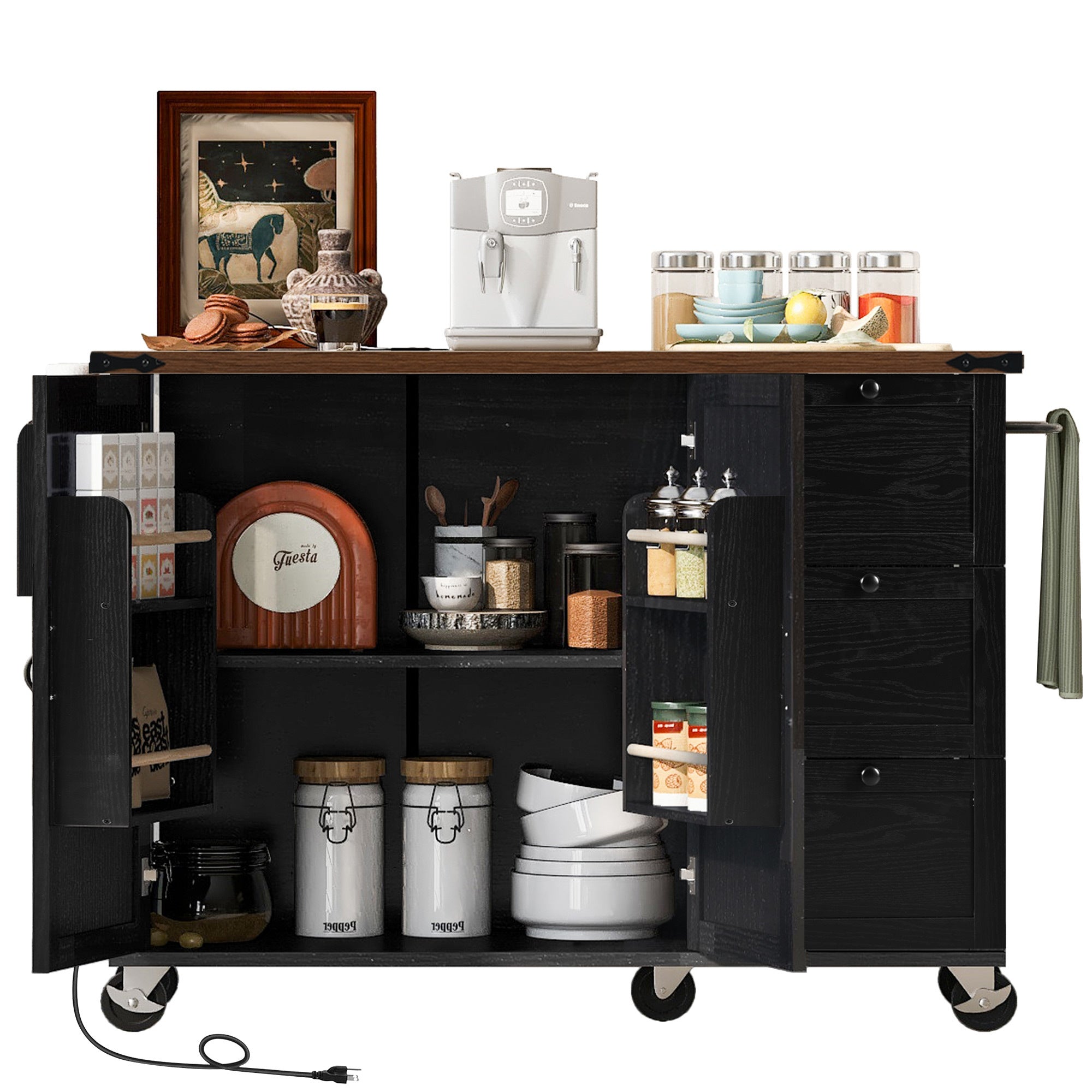 K&K 54.5" Kitchen Storage Island  with Internal Storage Rack, Drop Leaf, Spice Rack, Rolling Kitchen Cart on Wheels, Black