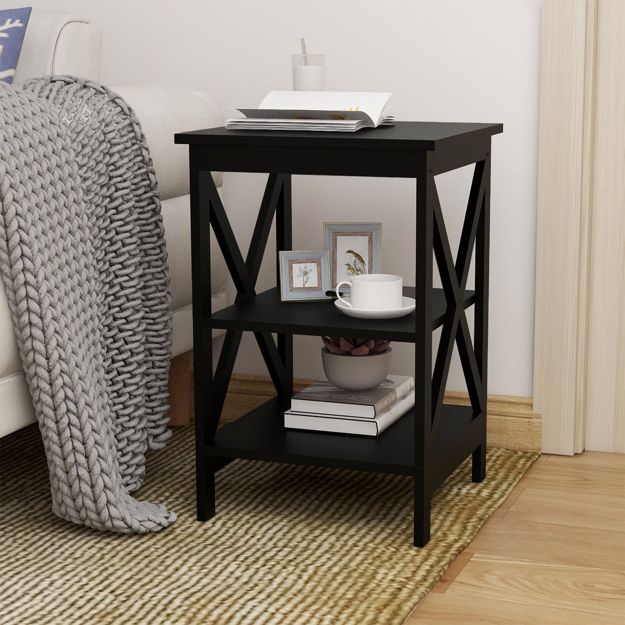 Modern Black MDF End Table with Tiers for Storage - Minimalistic Design for Living Room