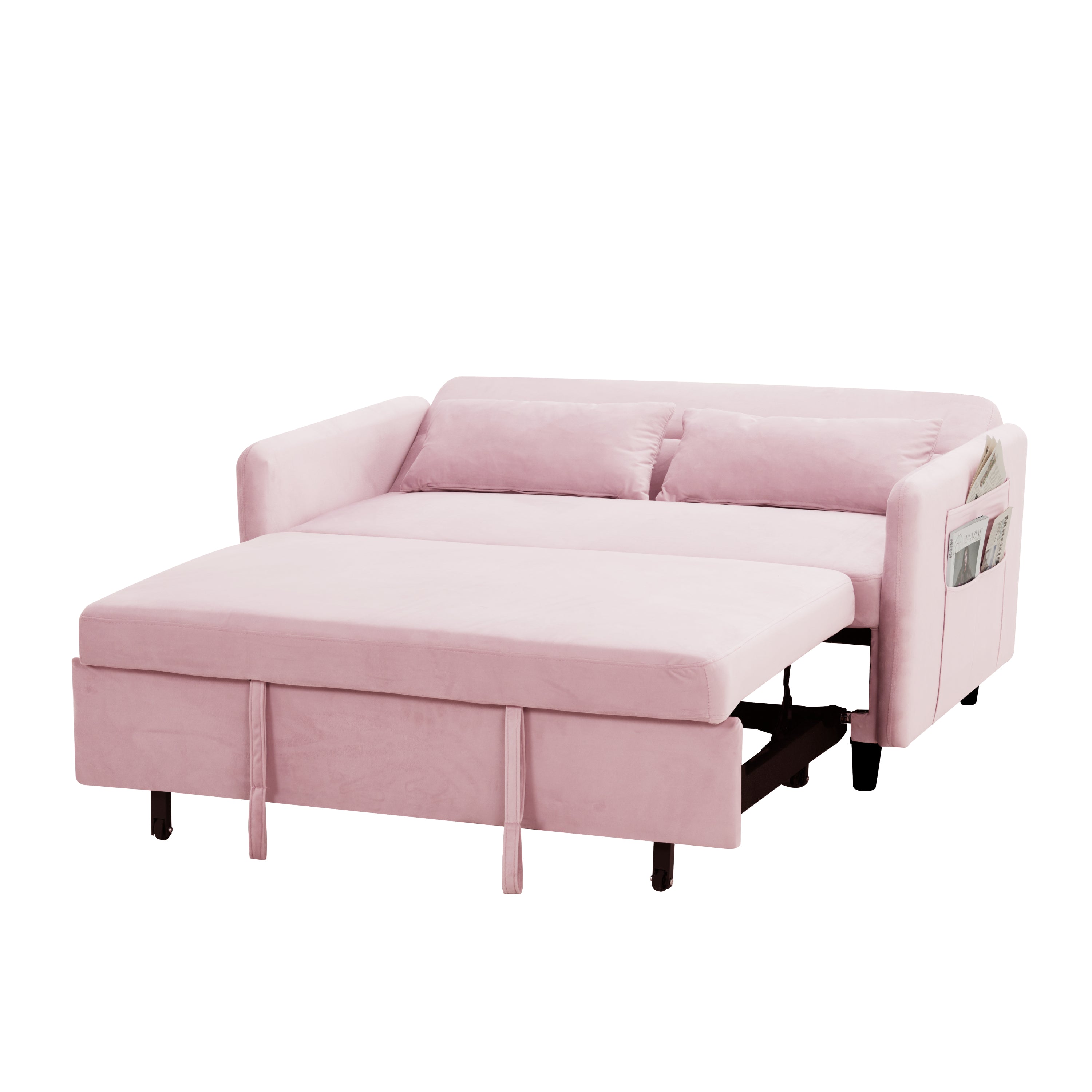 54" Pull-Out Sofa With Two Pillows Pink Velvet Loveseat For Small Living Room