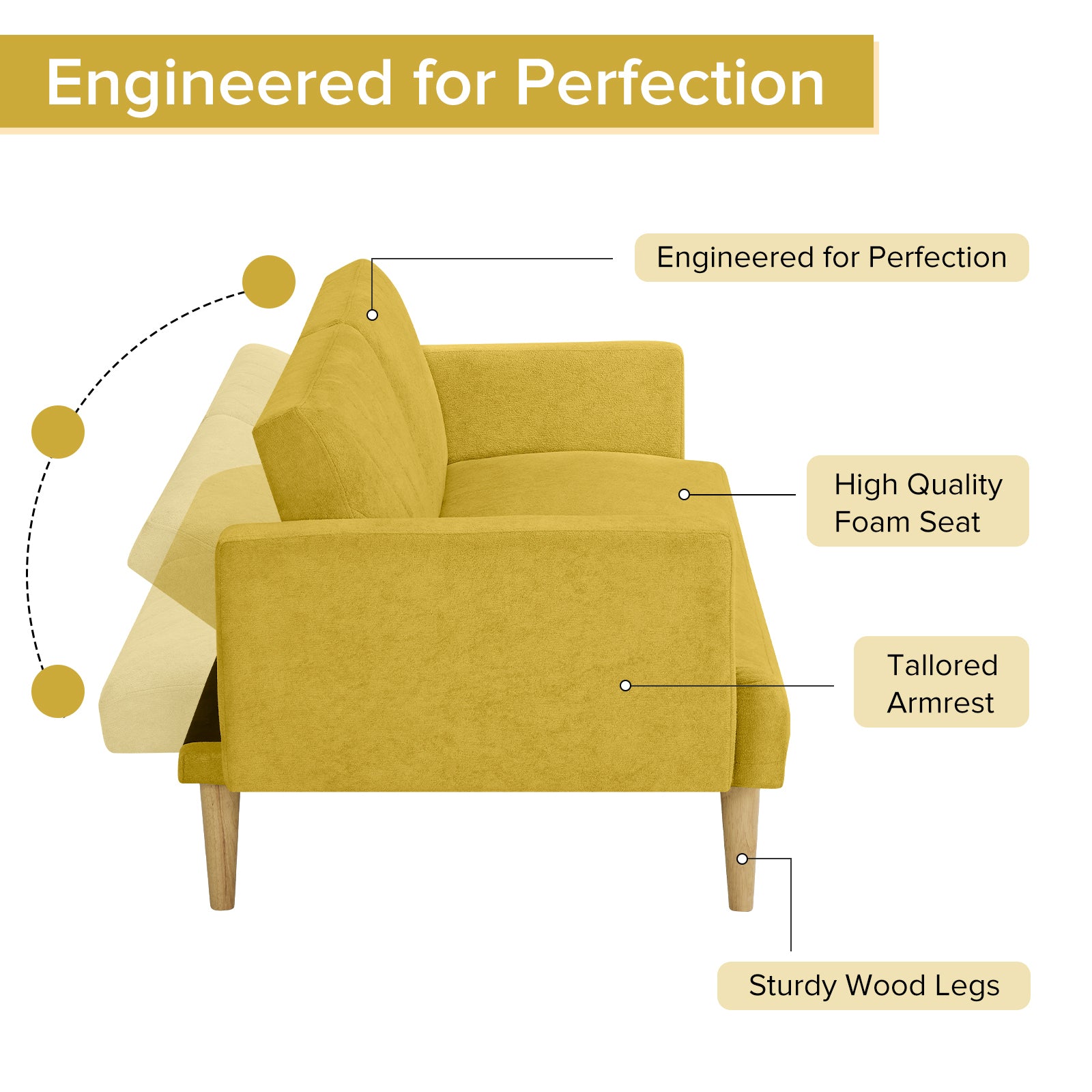Convertible Futon Sofa Bed with Wood Legs, Yellow Fabric