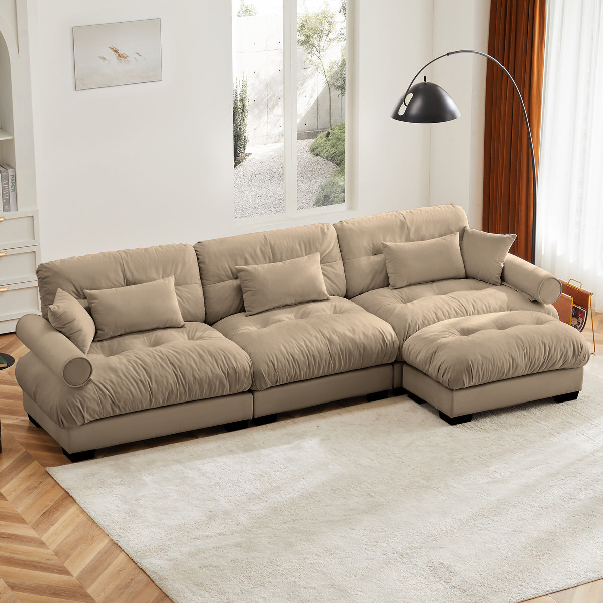 Oversized Modular Velvet Sectional Sofa with Ottoman, Deep Seat L-Shaped Cloud Couch for Living Room, Camel