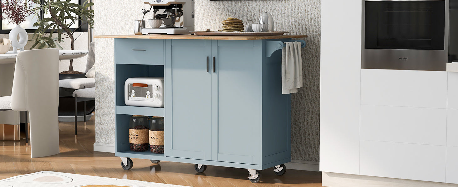 K&K Kitchen Island with Foldable Counter Top for Kitchen, Living Room, Dining Room, Grey Blue