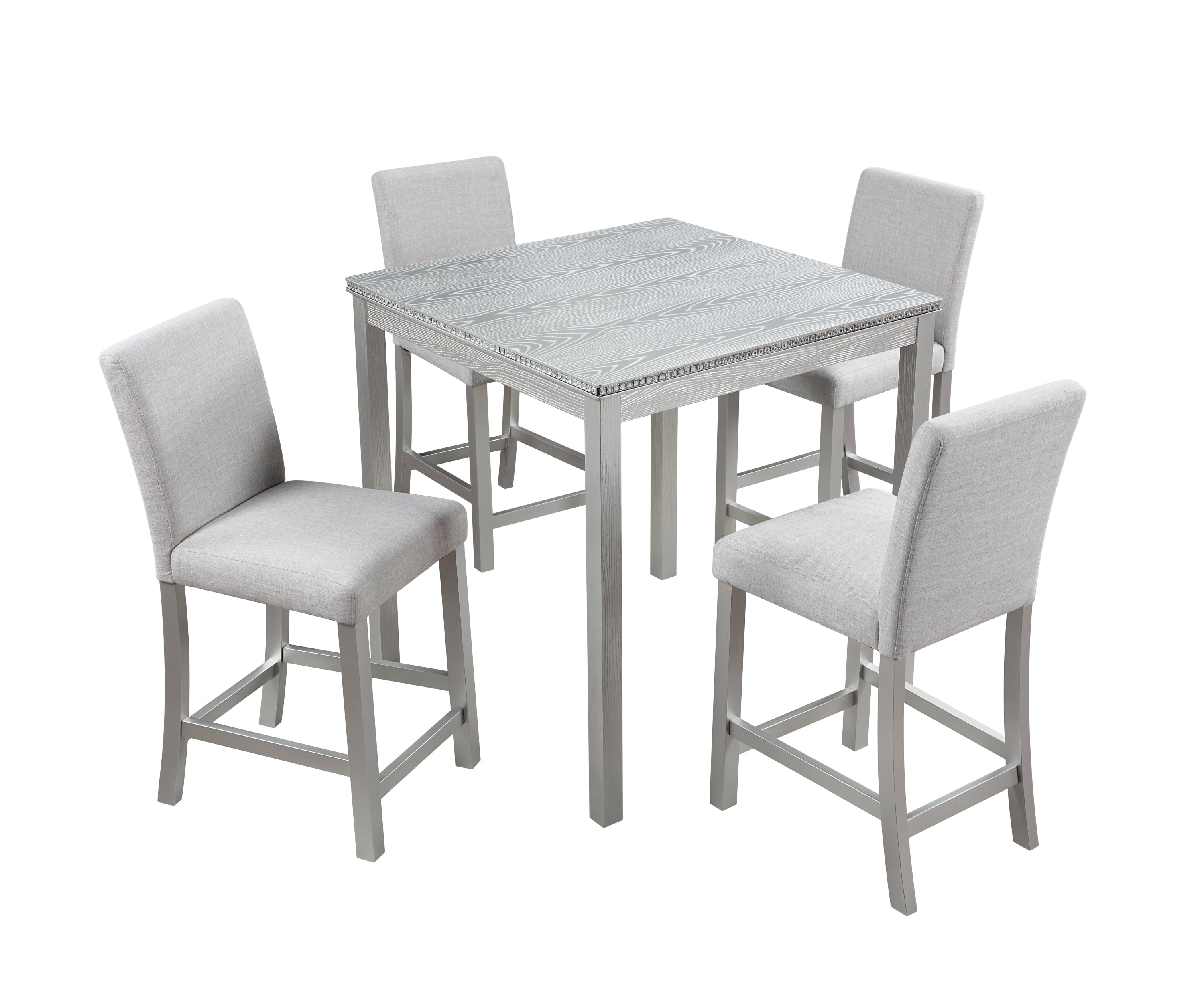 5 Piece Counter Height Table Set, Wooden Kitchen Table Set with Square Table and 4 Upholstered Chairs, Counter Height Dining Table with Crystal Decoration and Chair Set, Silver grey