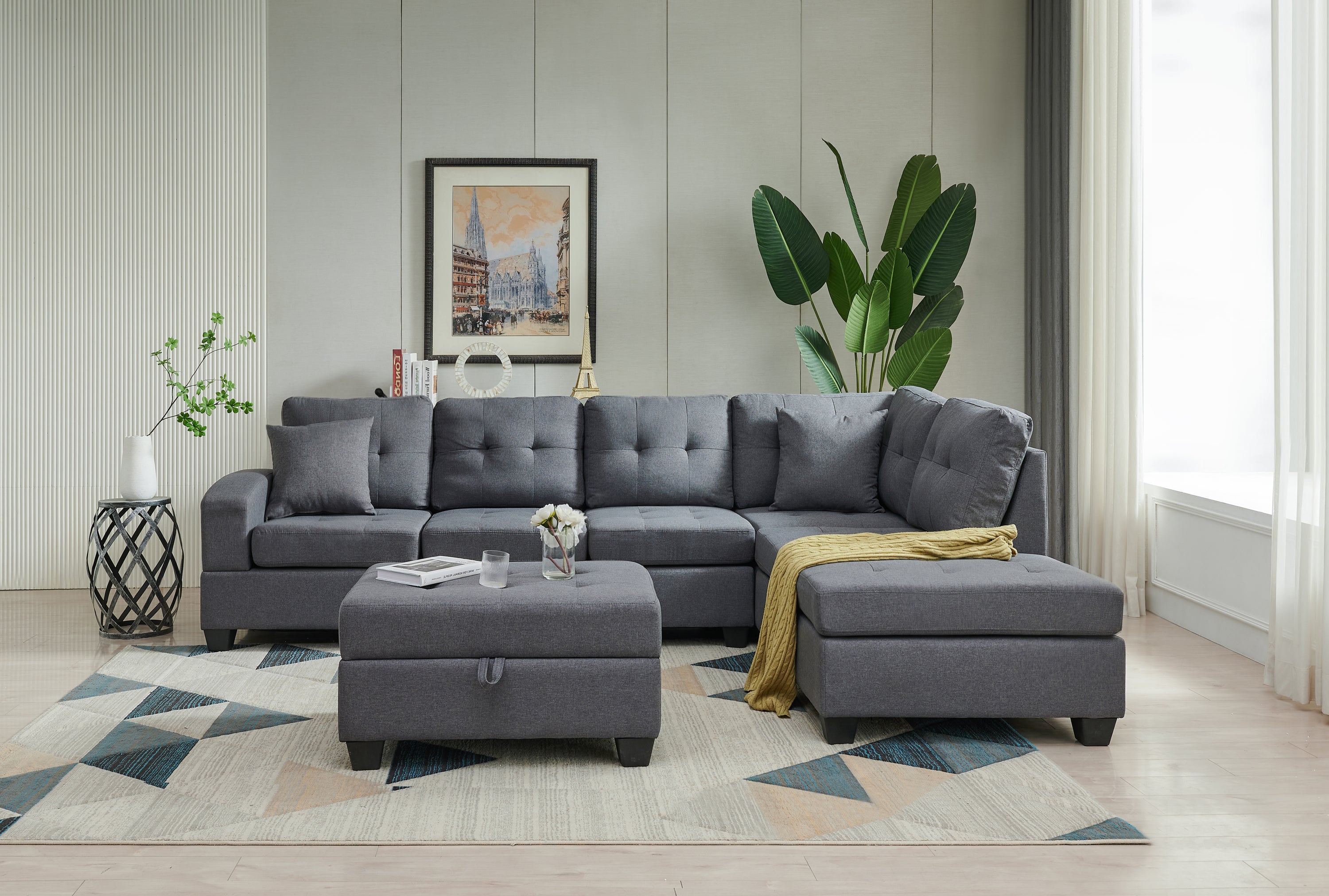 Sectional 3-Seaters Sofa , reversible recliner, storage mat and cup holder, Non-slip leg, two grey pillows, linen, grey