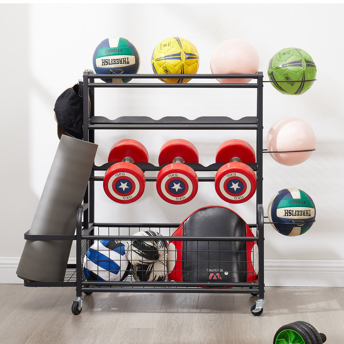 4-Tier Rolling Sports Organizer with Ball Storage & Hooks
