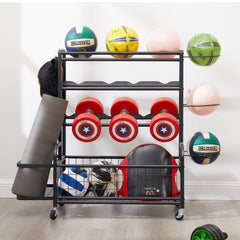 4-Tier Rolling Sports Organizer with Ball Storage & Hooks