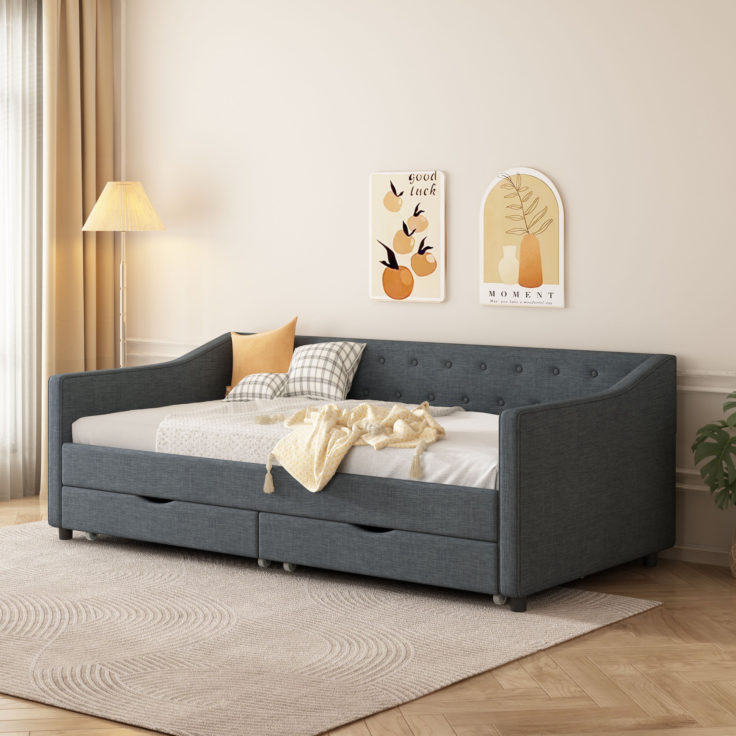 Twin Size Daybed with Drawers Upholstered Tufted Sofa Bed, with Button on Back and Piping on Waved Shape Arms-Dark Grey