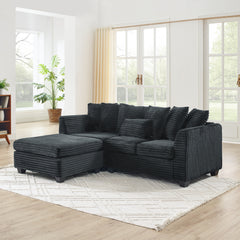 Corduroy Tufted Upholstered Sleeper Sectional Sofa, L-Shaped Modular Convertible Sofa , Black