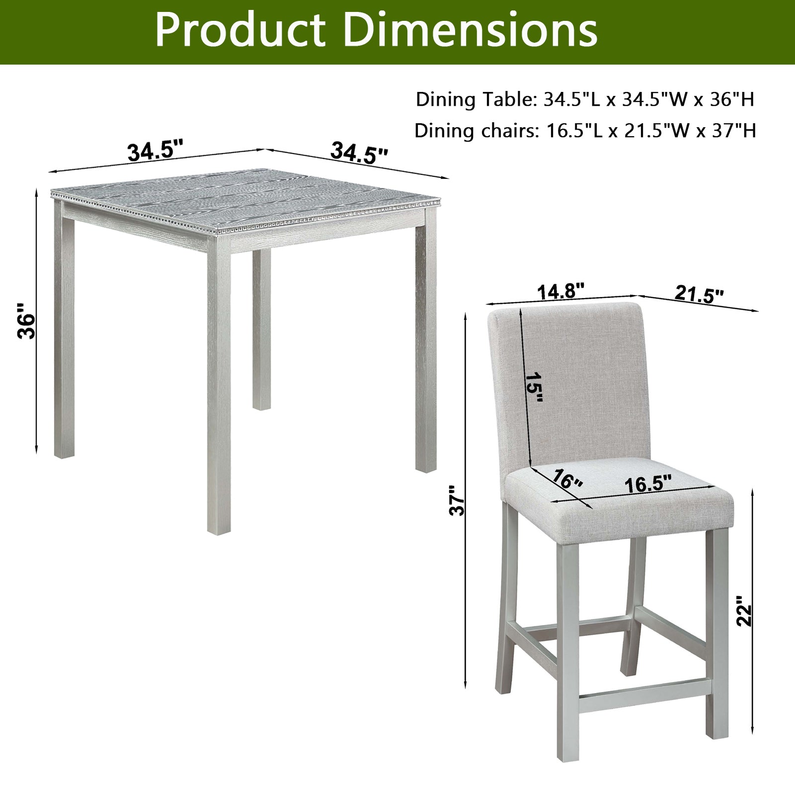 5 Piece Counter Height Table Set, Wooden Kitchen Table Set with Square Table and 4 Upholstered Chairs, Counter Height Dining Table with Crystal Decoration and Chair Set, Silver grey