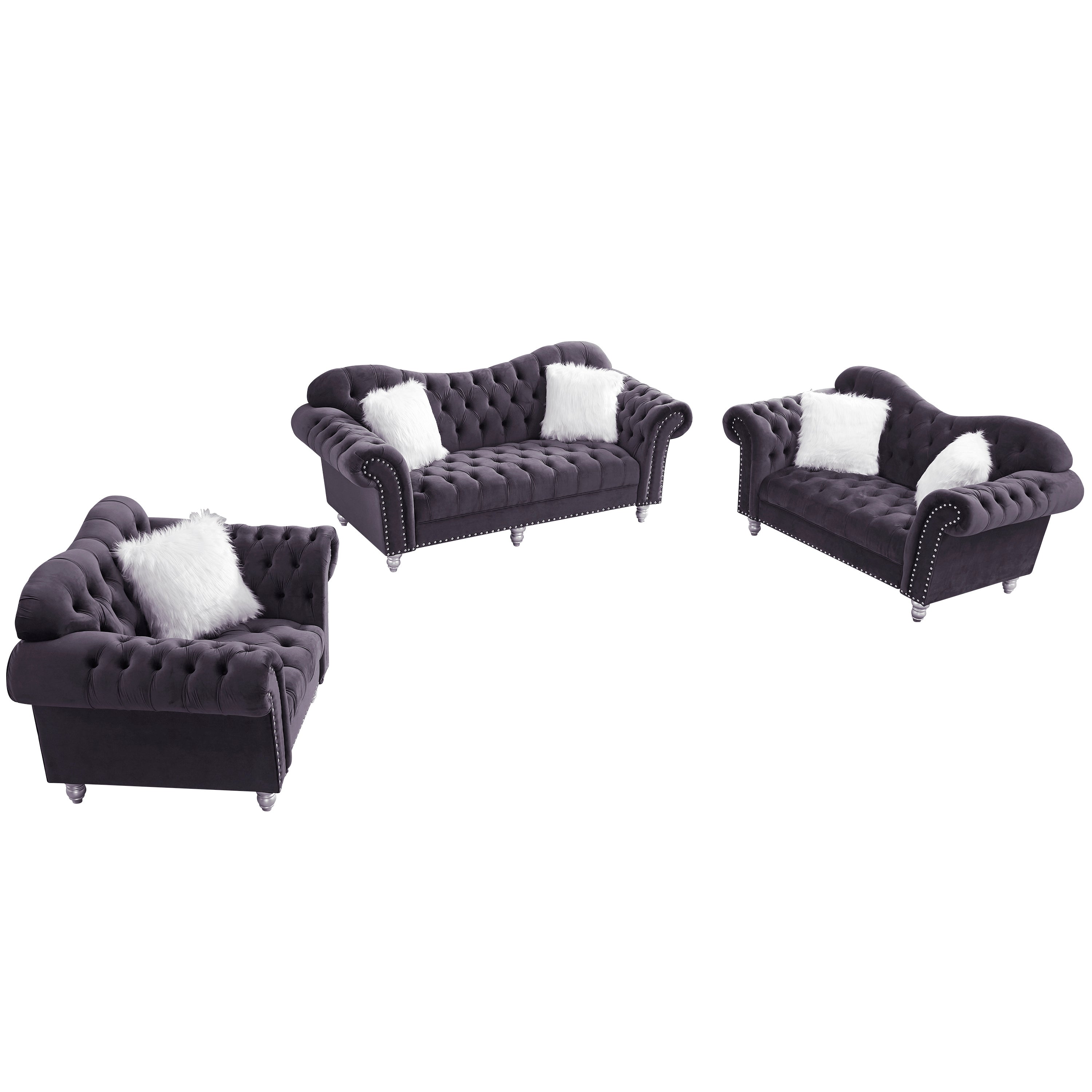 3 Piece Living Room Sofa Set, including 3-Seater Sofa, Loveseat and Sofa Chair, with Button and Copper Nail on Arms and Back, Five White Villose Pillow, Grey.