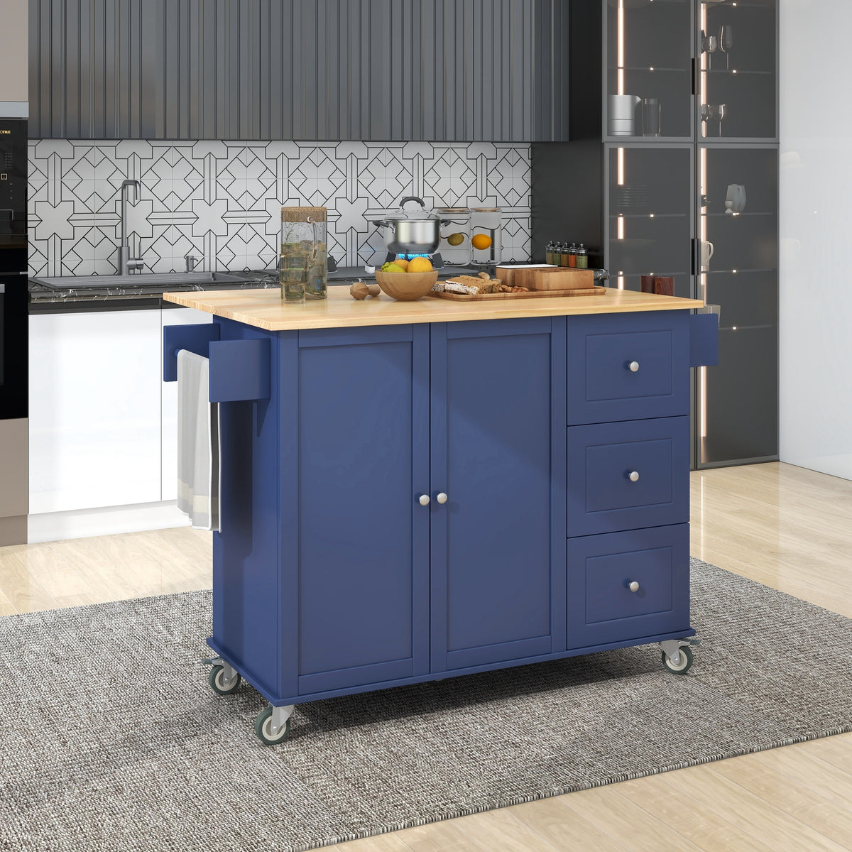 52.7" Rolling Mobile Kitchen Island with Drop Leaf - Solid Wood Top, Locking Wheels & Storage Cabinet, Dark blue