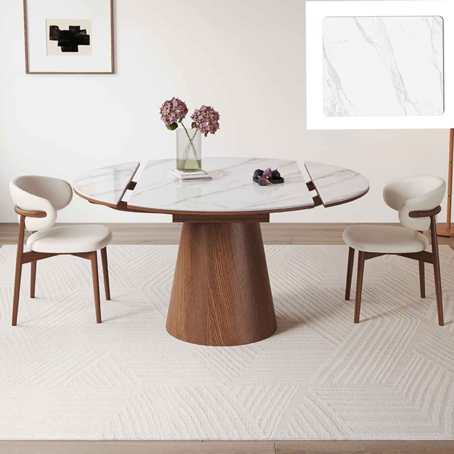 Modern Oak Wood Dining Table with Extendable Sintered Stone Top & Pedestal for Dining Room fmbs-004