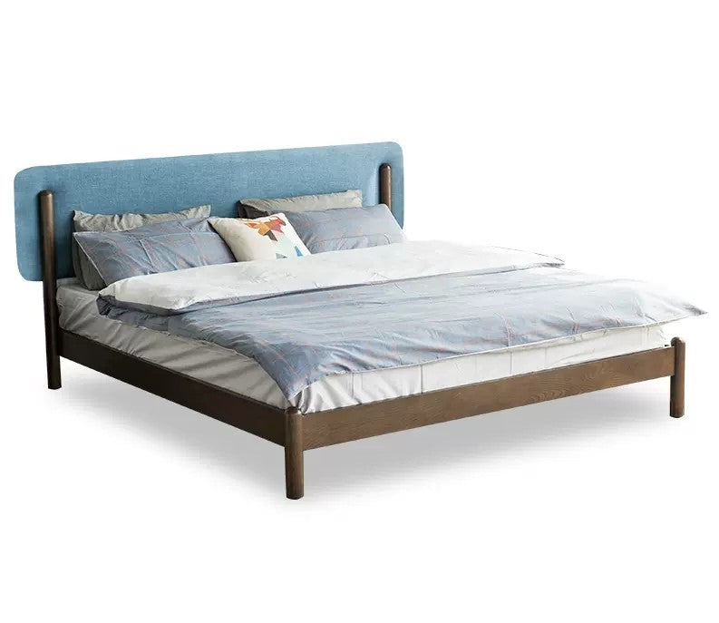 Stylish Natural Wood Bed Frame in Gray, Blue, or Brown - Oak and Pine with Cotton-Ramie Fabric Options hym-477