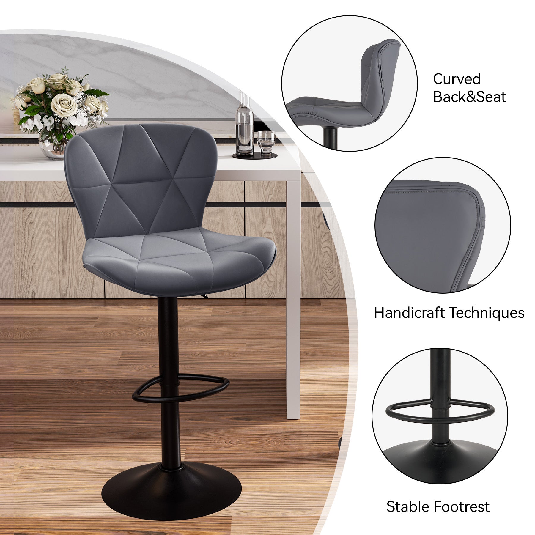 Modern Adjustable Faux Leather Bar Chair with Backrest - Stylish Black Counter Stool FU01034