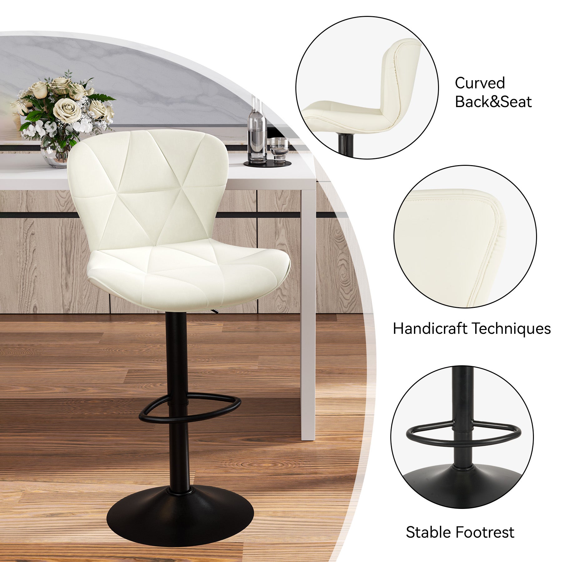 Modern Adjustable Faux Leather Bar Chair with Backrest - Stylish Black Counter Stool FU01034