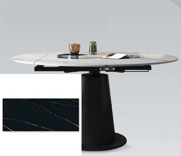 Luxurious Round Dining Table Extendable Marble Top & Carbon Steel Pedestal qc-wy-1902