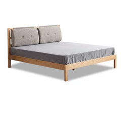 Stylish Bed with Natural Oak, Pine & Cotton-Ramie Upholstery – Elegant Brown, Off White & Gray Finish hym-630