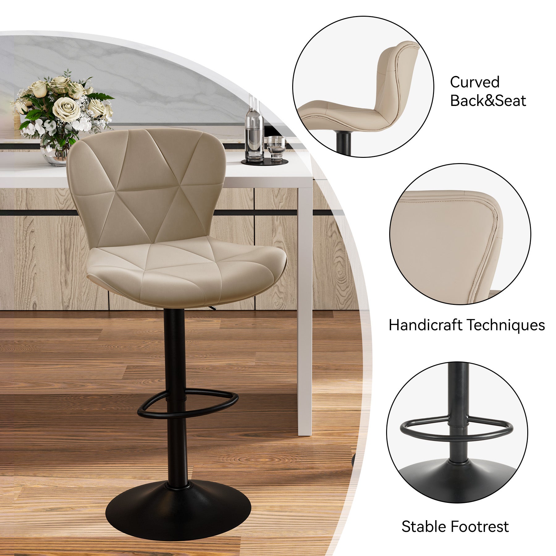 Modern Adjustable Faux Leather Bar Chair with Backrest - Stylish Black Counter Stool FU01034