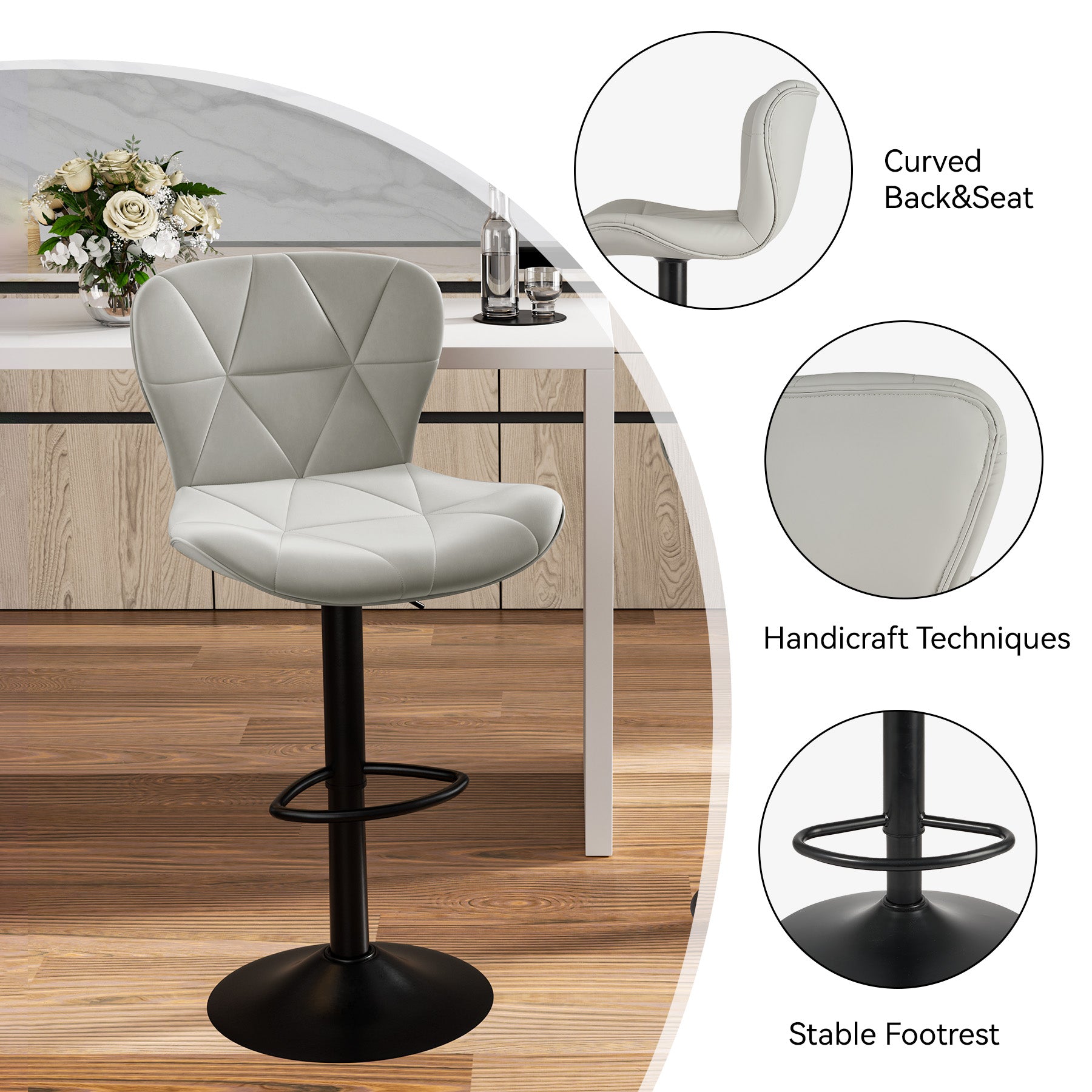 Modern Adjustable Faux Leather Bar Chair with Backrest - Stylish Black Counter Stool FU01034