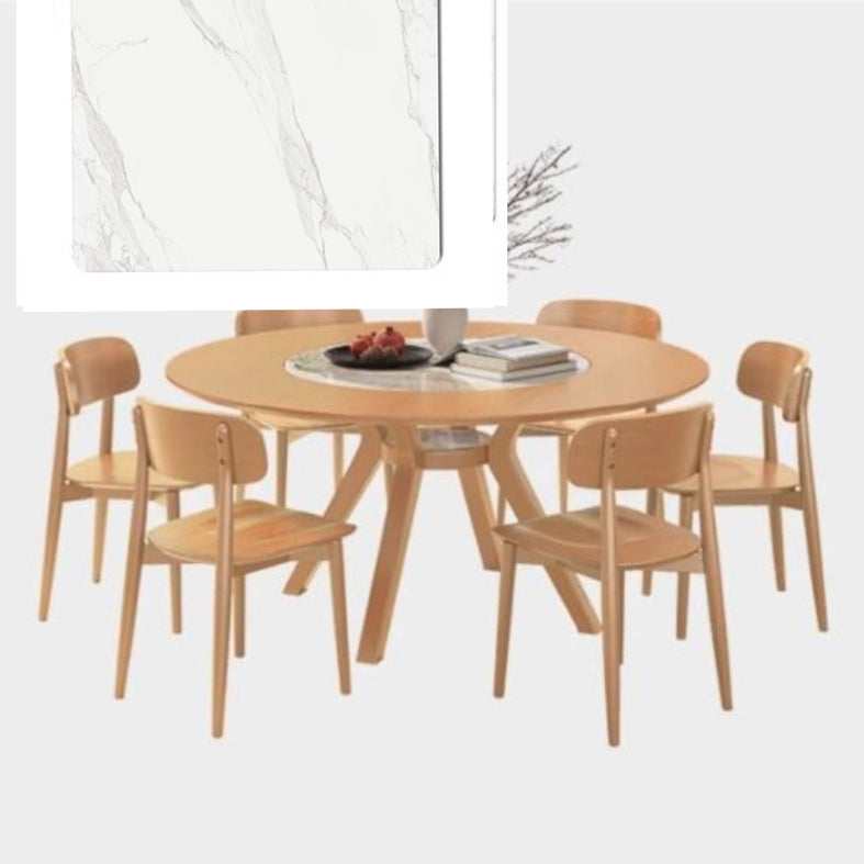 Modern Round Ash Wood Dining Table with Sintered Stone Top for 6 Seaters 4 Legs fmbs-005