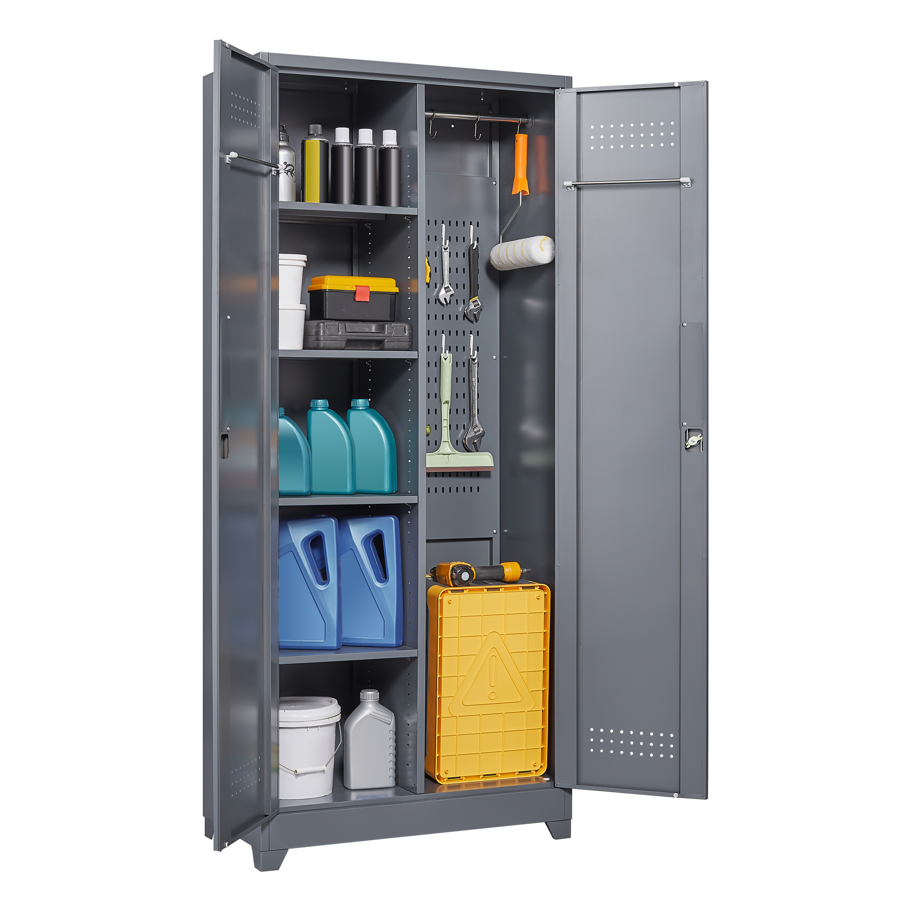 Metal Storage Cabinets, Cleaning Tool Cabinet with Locking Door, Tall Broom Tool Organizer and Storage, Large Storage Cabinet for Kitchen, Pantry, Office, Shop