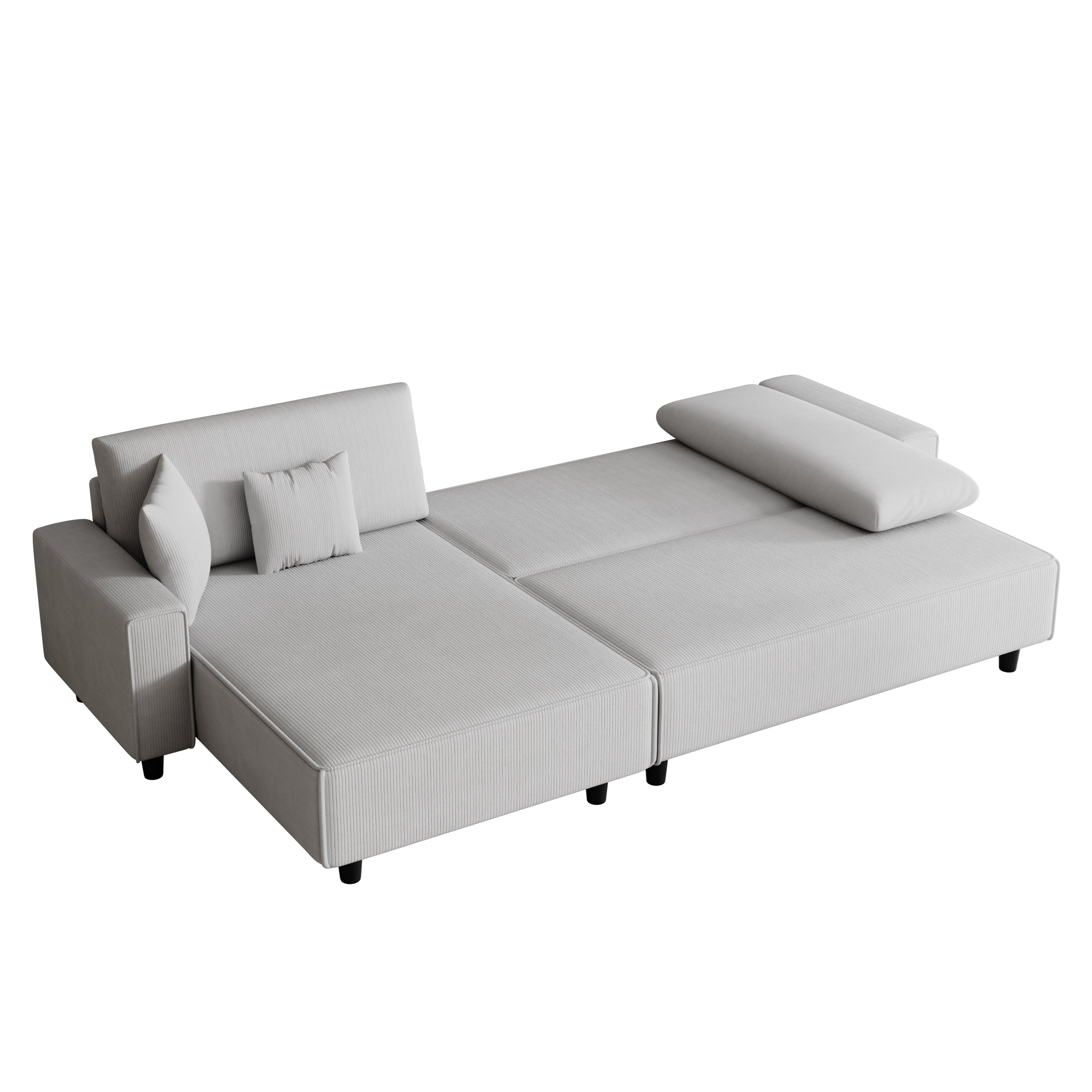 Modern Gray Corduroy Sofa Bed with Two Pillows - Sectional L-Shaped Sofa with Storage