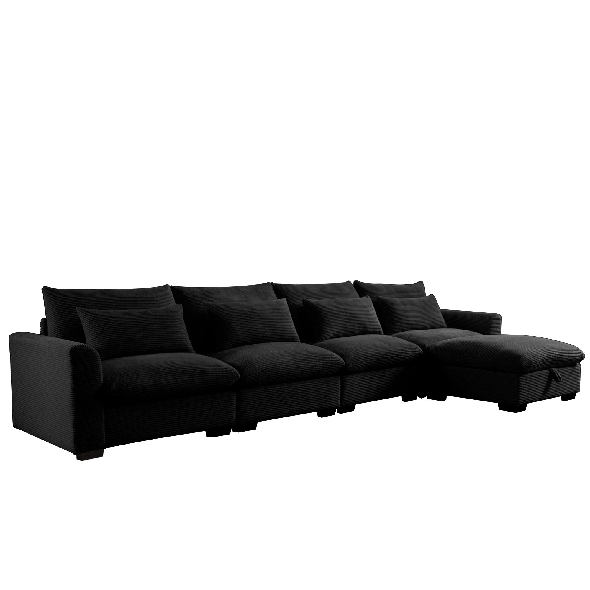 Large L Shape Sectional Corduroy Sofa,Deep Seat Couch with Storage Footstool and 4 Waist Pillows, Black