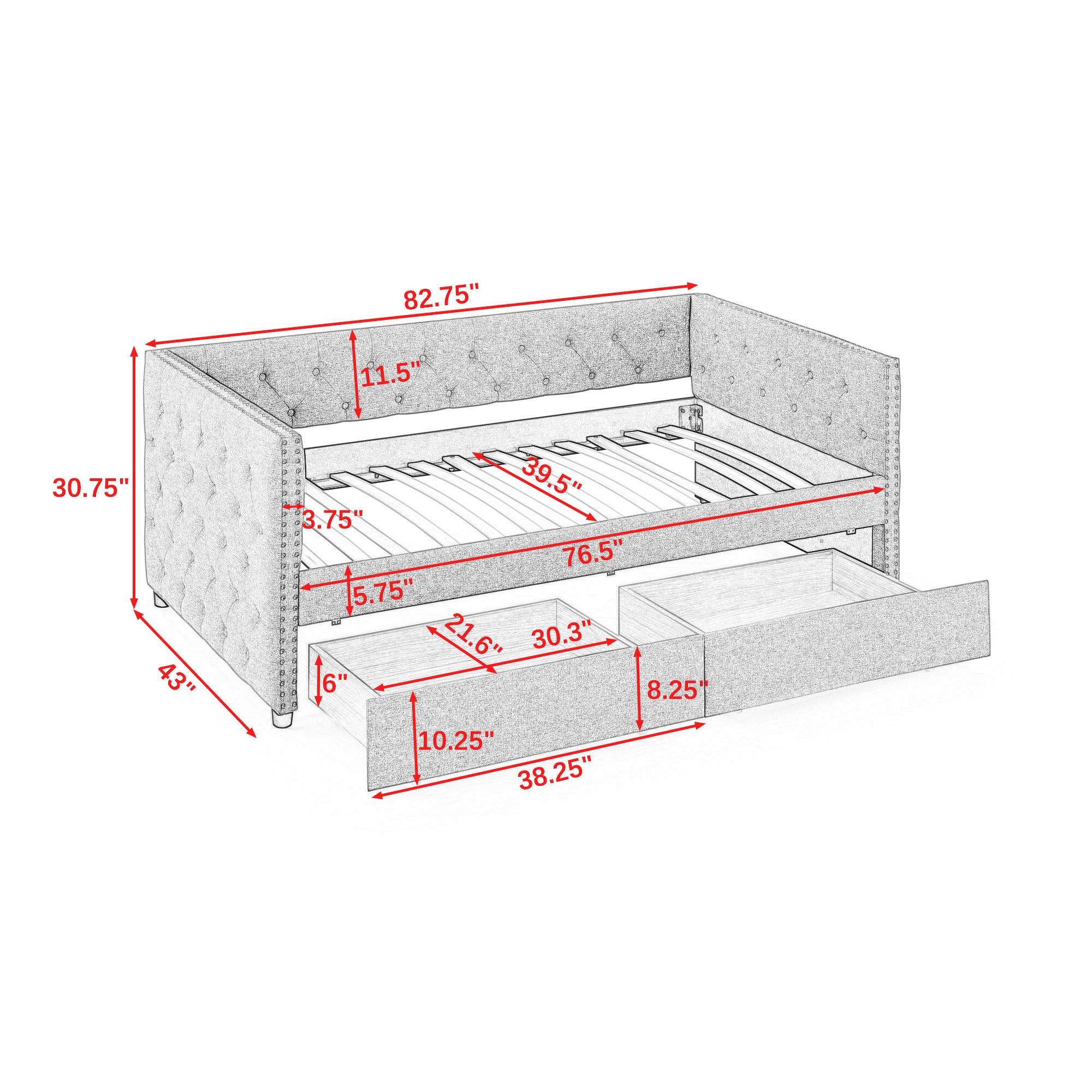 Upholstered Twin Size Daybed with Two Drawers, with Button and Copper Nail on Square Arms, Grey (82.75''x43''x30.75'')