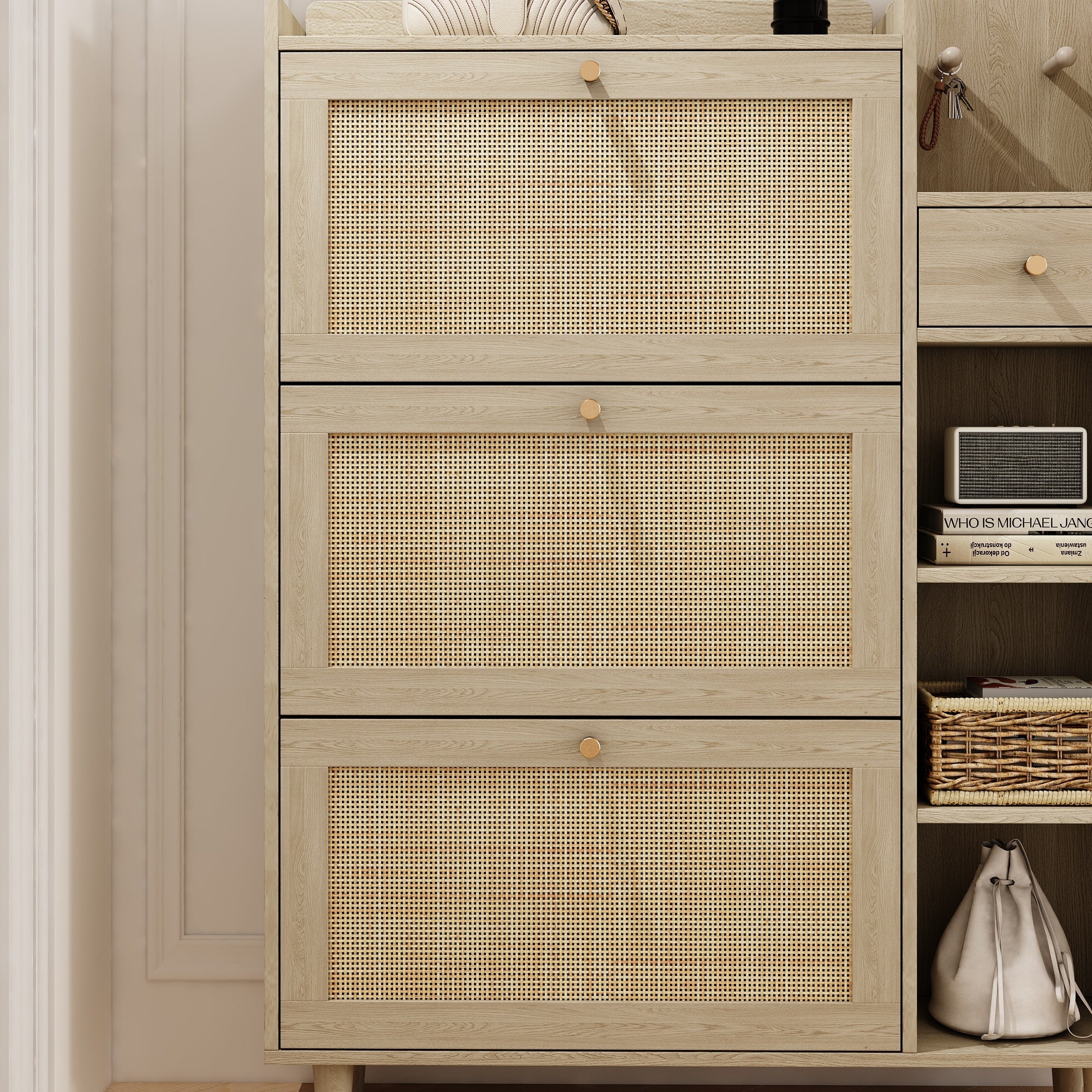 Boho Shoe Cabinet with 3 Rattan Flip Drawers & Storage, Natural